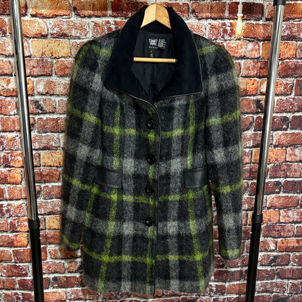 W Worth Mohair women’s coat black Green Plaid winter fall small